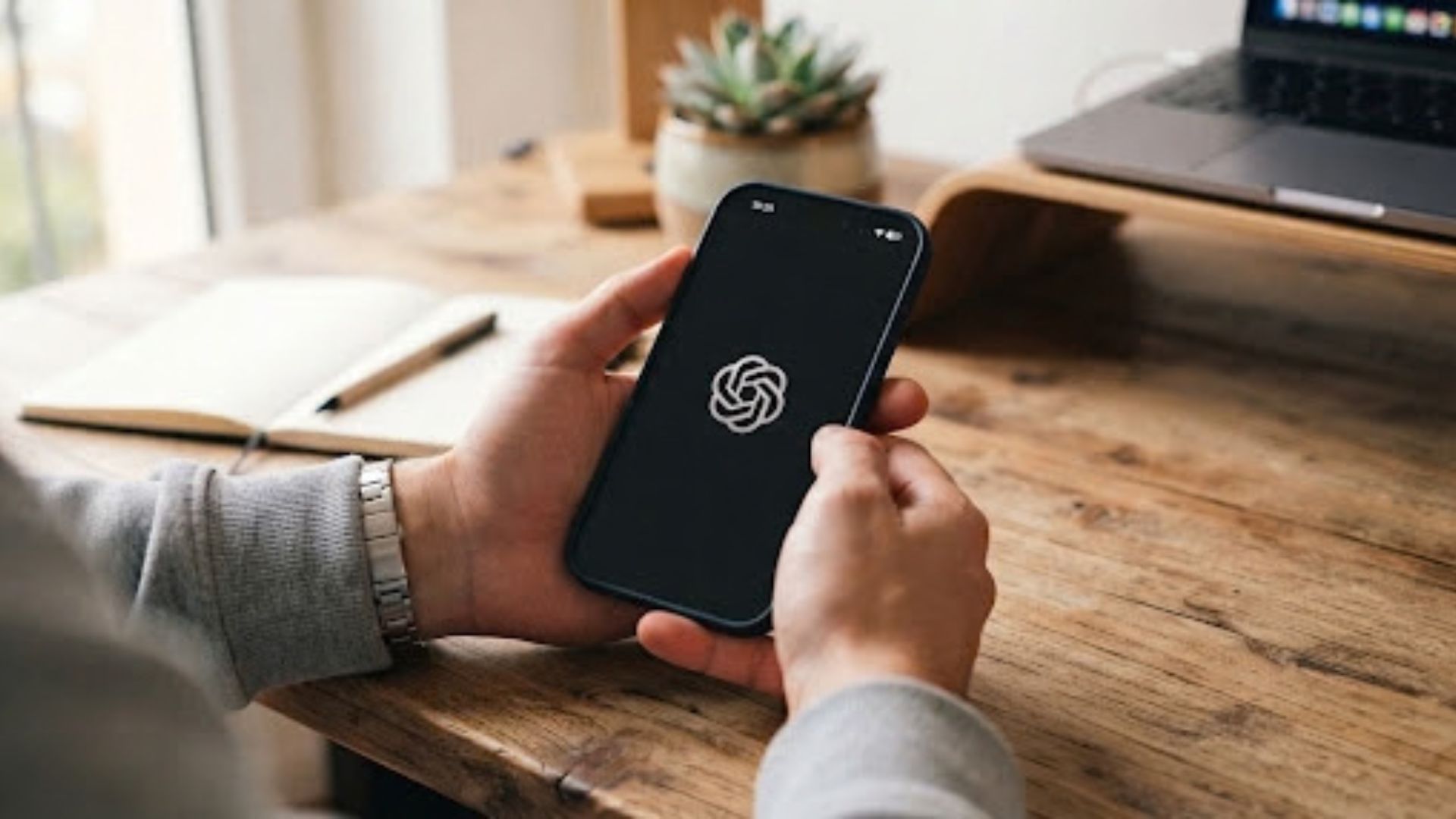 Uno smartphone con il logo di OpenAI sullo schermo, tenuto in mano sopra una scrivania di legno