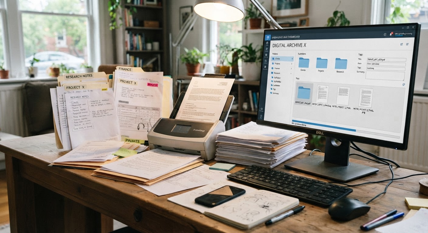 Una scrivania con documenti impilati, uno scanner e un monitor che mostra un archivio digitale ordinato per cartelle