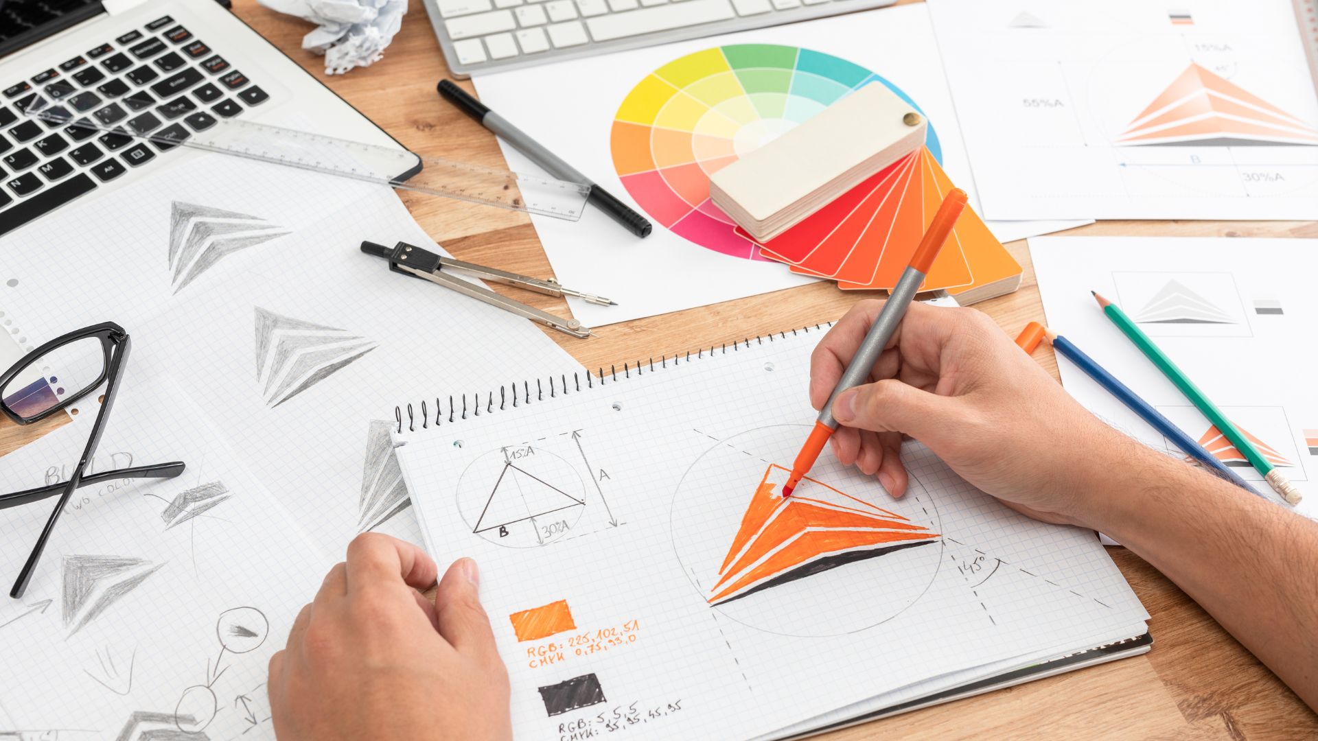 Mani che disegnano un logo a matita su un blocco di carta, accanto a una ruota dei colori e agli strumenti da disegno